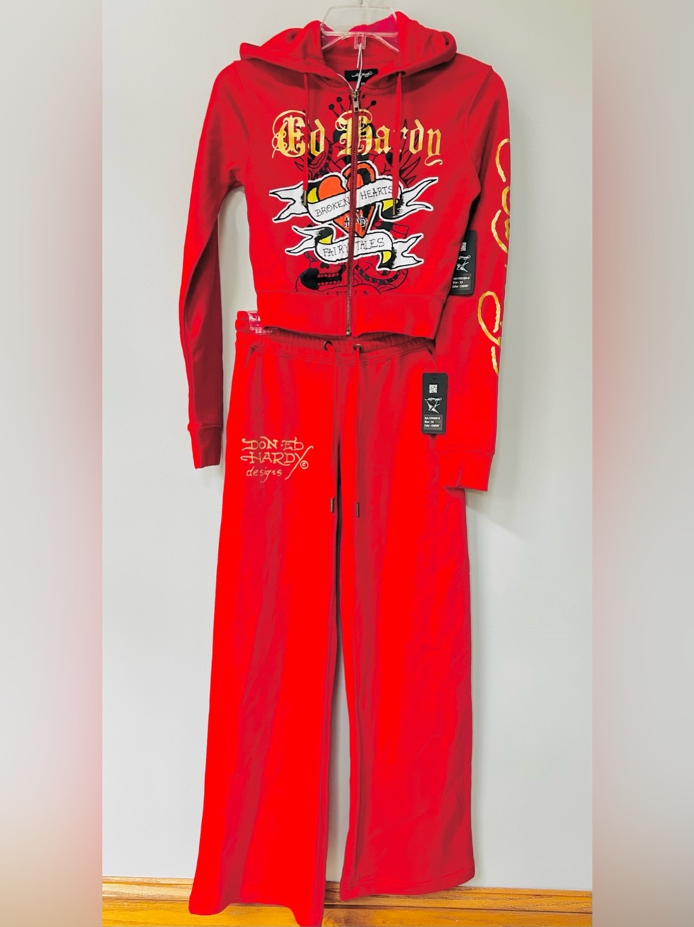 NWT ED HARDY Women's XS Crop Hoodie & Pants 2 Pc Red Y2K Broken Heart Fairytale